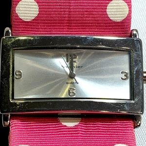 Pink/white polka dot cloth band (leather back of band) with silver watch face